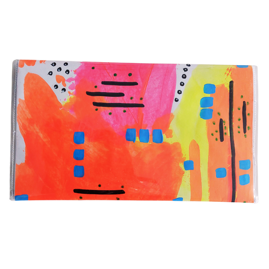 Artbag clutch achterzijde oranje geel fuchsia met blauwe blokjes