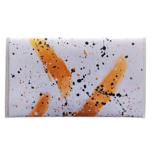 Artbag clutch achterzijde gouden strepen met zwarte spetters