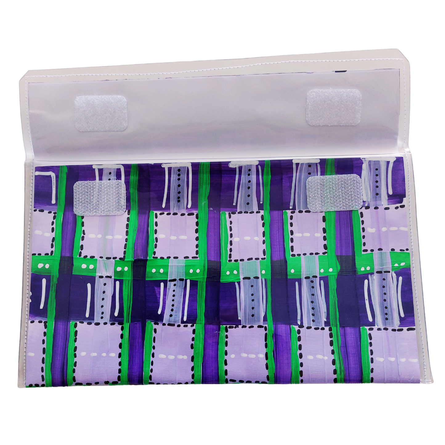 Tasje binnenkant in papier met vinyl in paars, lila, groen in ruitjespatroon