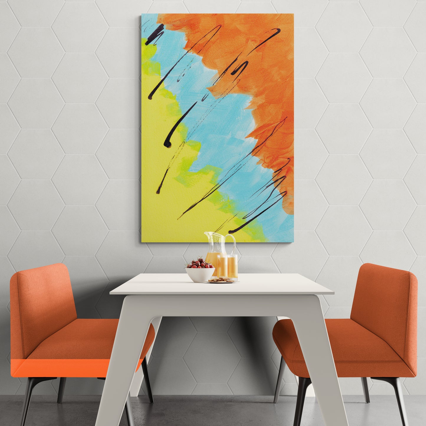 Abstraktes Orange, Gelb, Hellblau in Farbfeldern