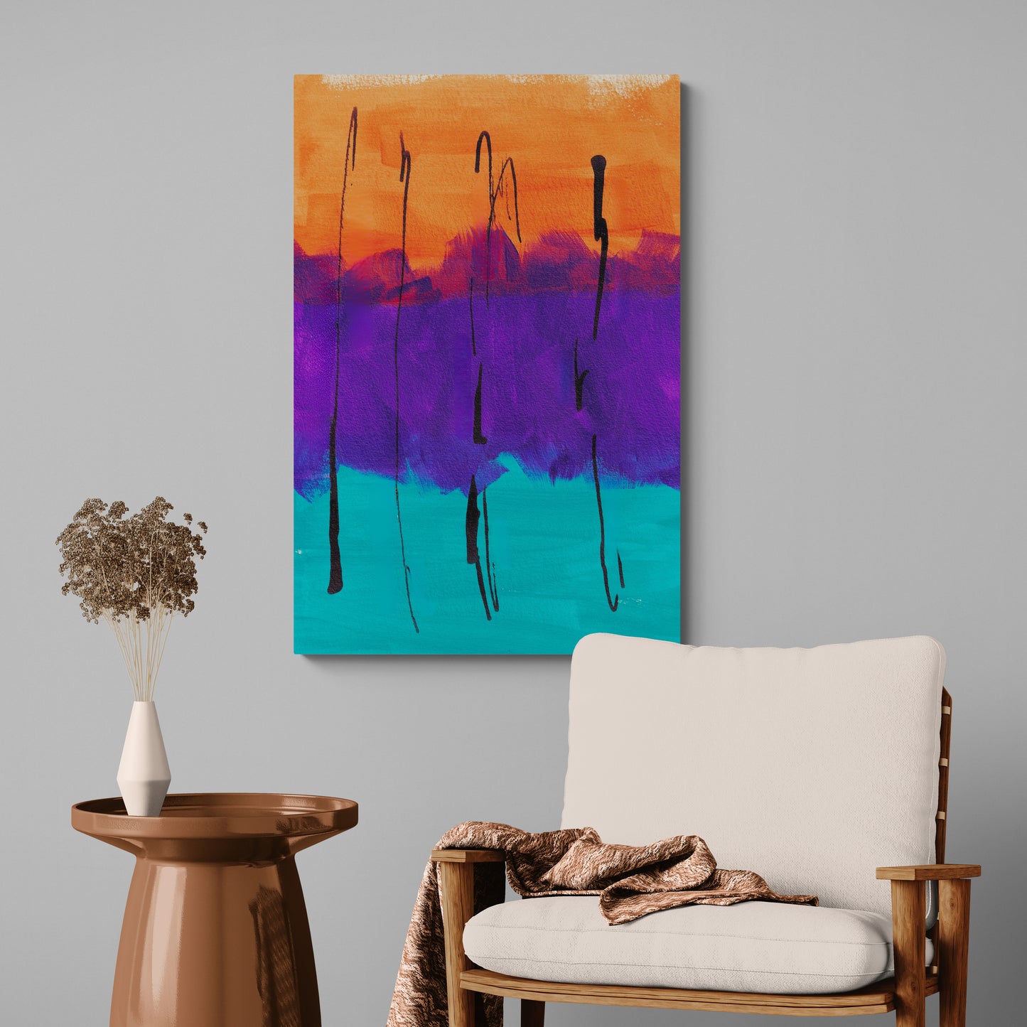 Abstrakte violette, orangefarbene und türkise Farbflächen