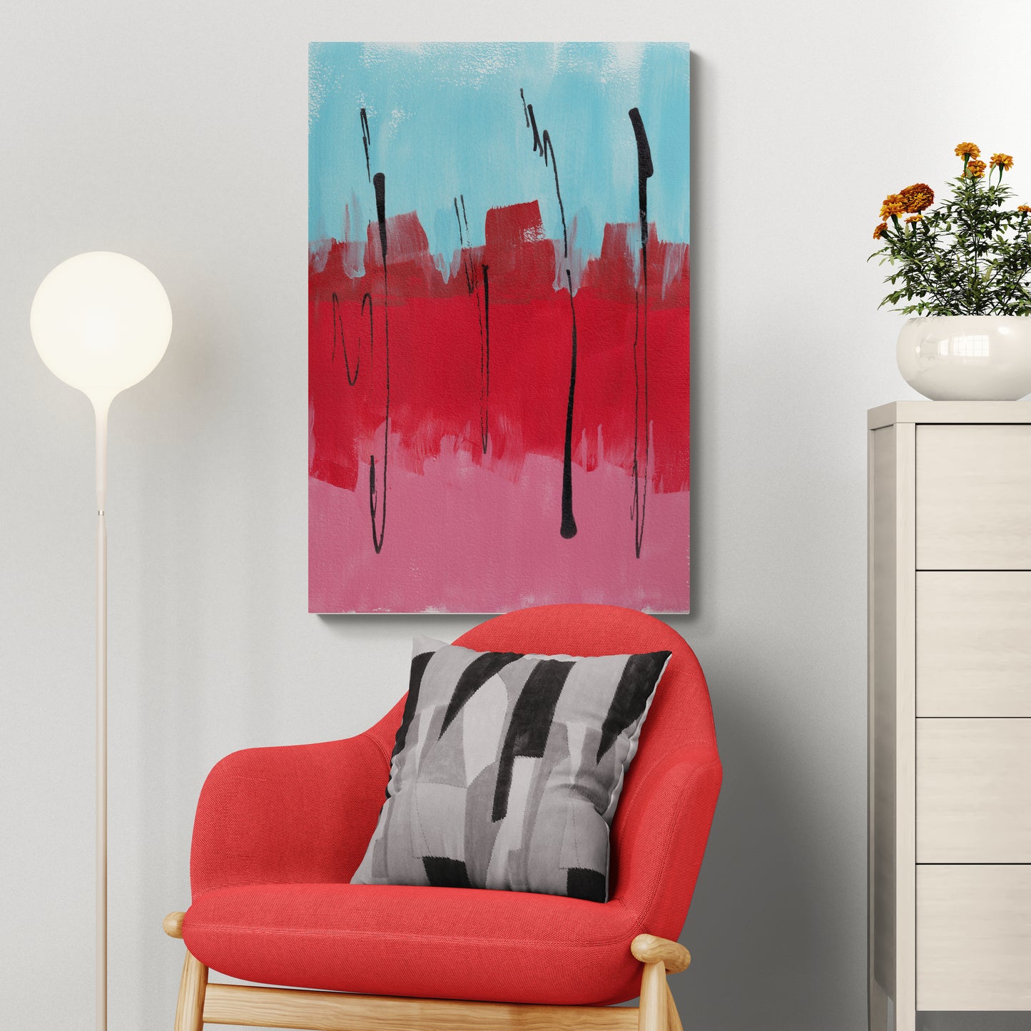 Abstract rood, lichtblauw, roze kleurvlakken