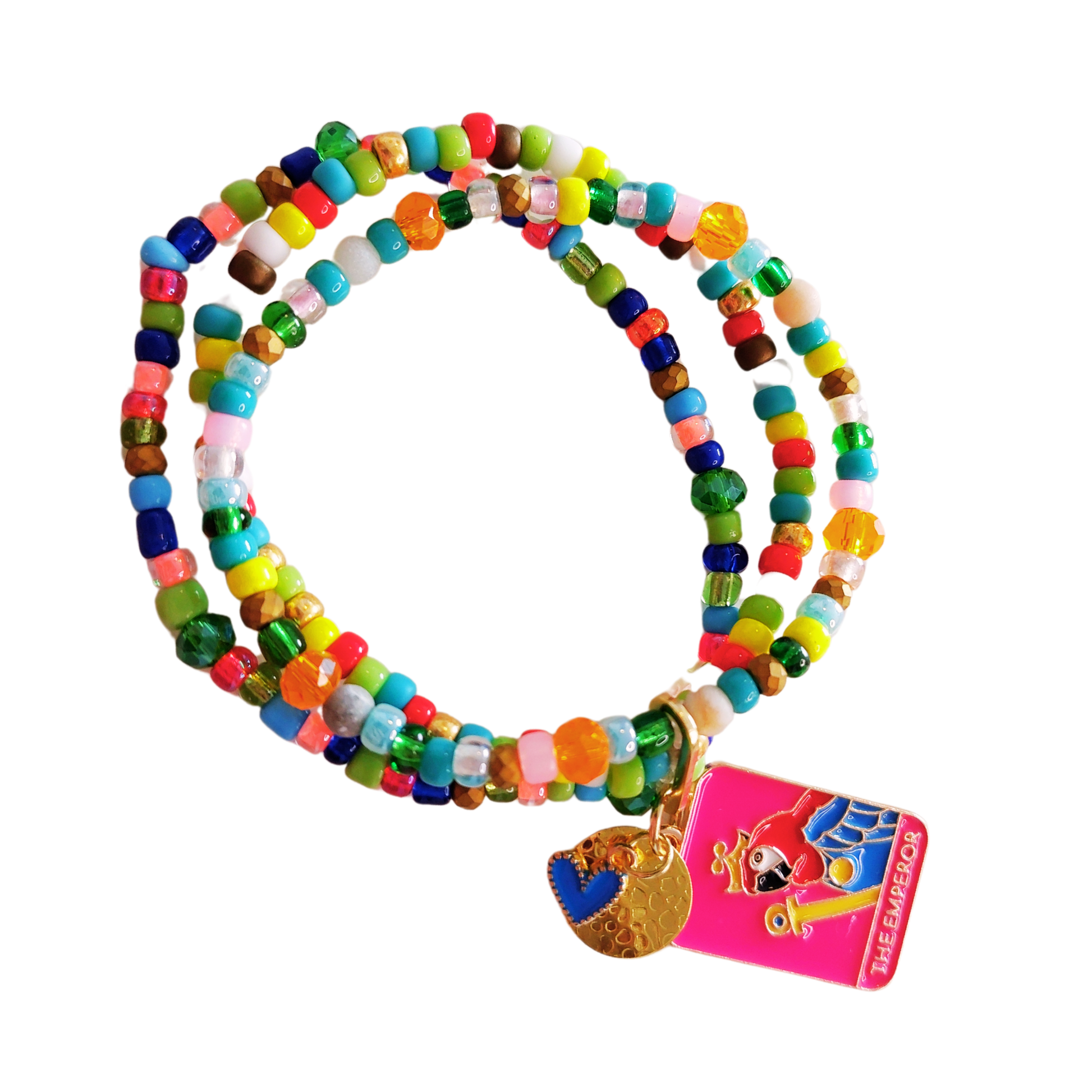 Armbanden trio elastiek met Miyuki rocialles, seed beads, facetgeslepen glaskralen in multicolour plus opvallende bedels in fuchsia en goud.