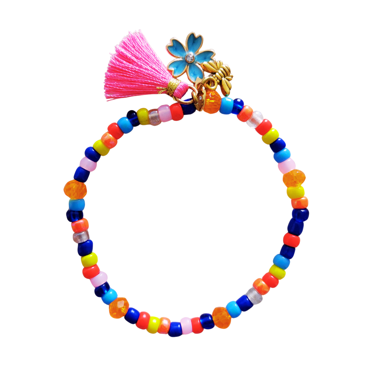 Armband blauwe bloem - elastische armband  in multi color met Miyuki rocailles, facet geslepen kralen, diverse bedeltjes en  roze kwastje
