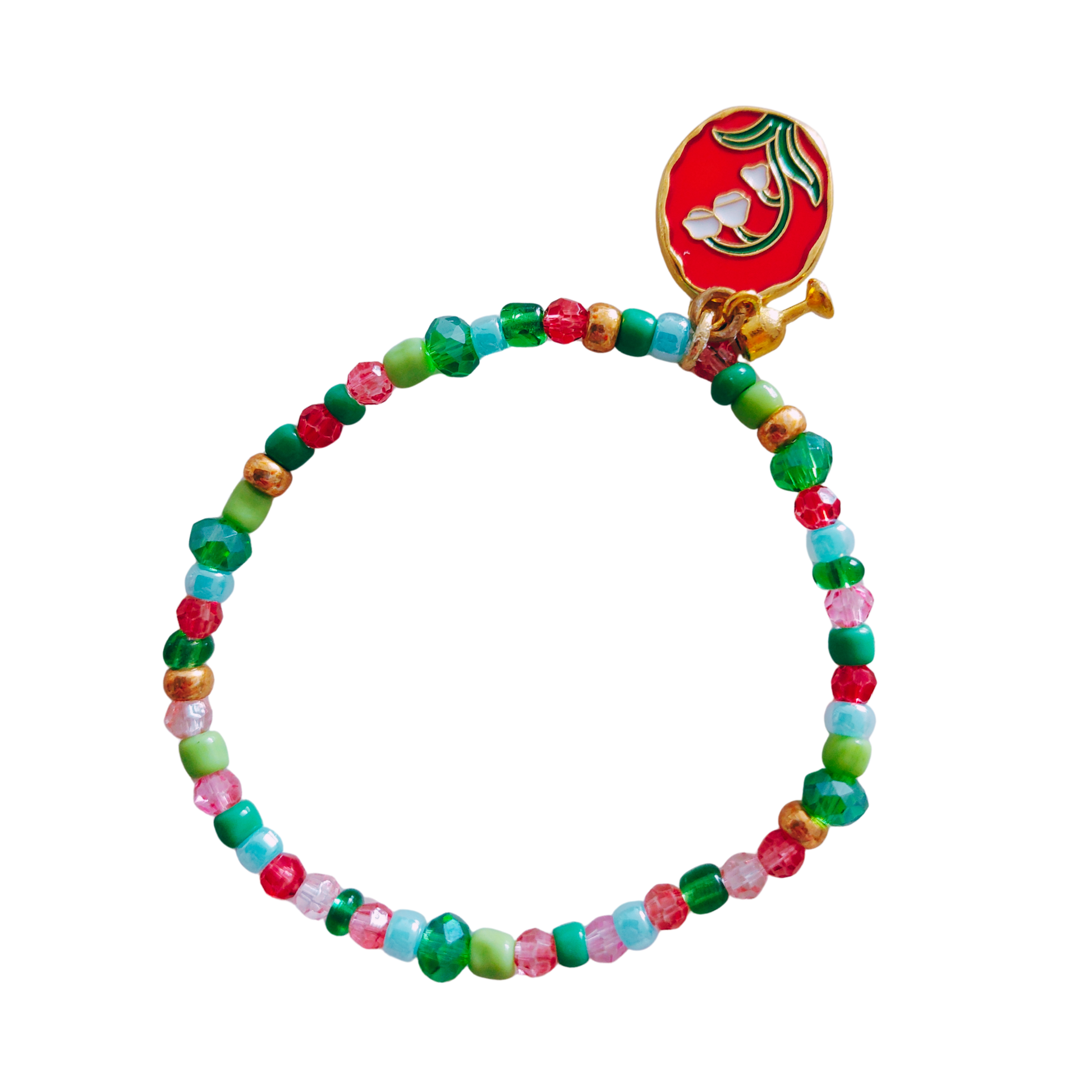 Armband elastisch met fijne kralen in groene, blauwe, roze en rode tinten. Inclusief bedel met lelie.
