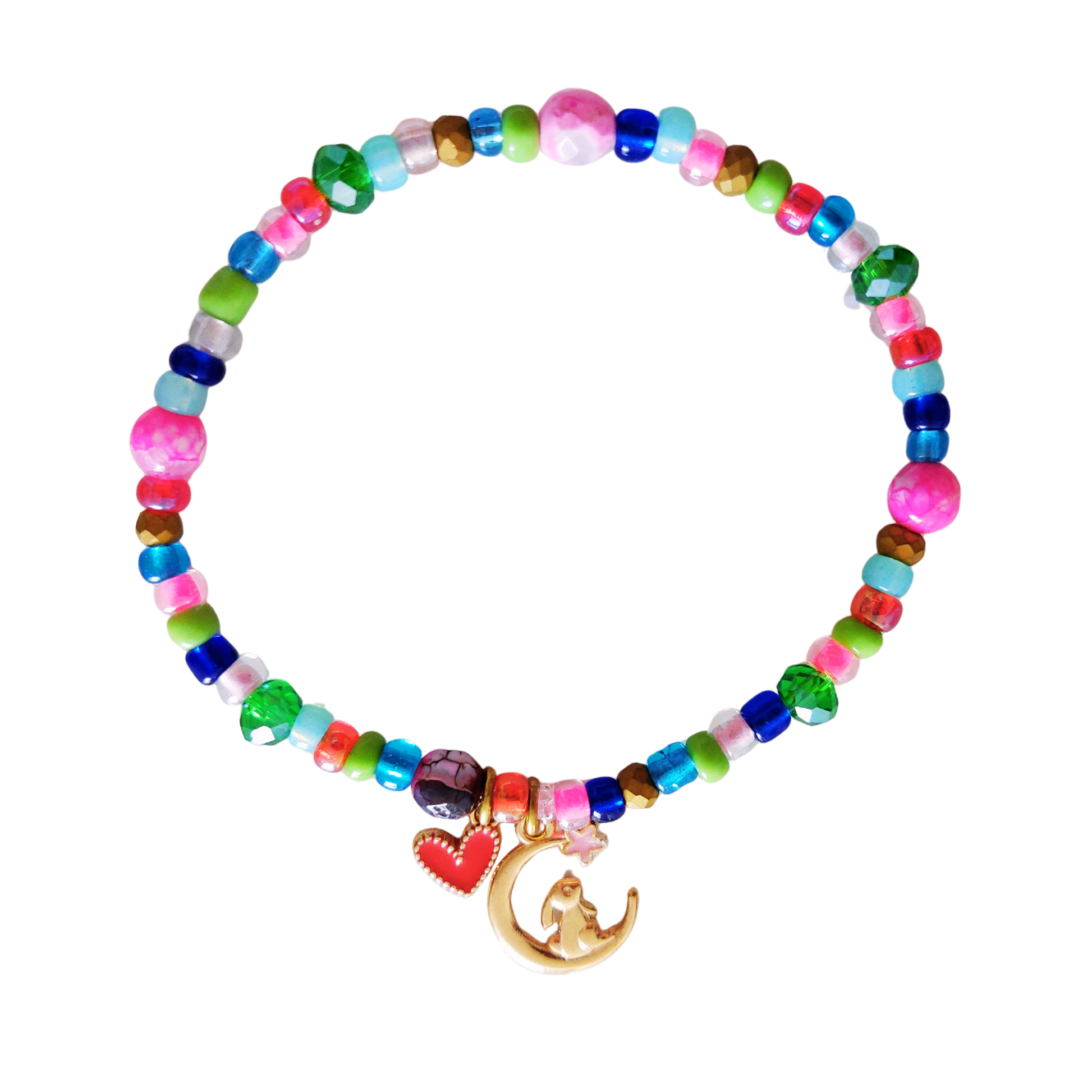 Armband met elastiek en rocailles, facet glaskralen, agaat en lieve bedels. In de kleuren roze, groen en blauw