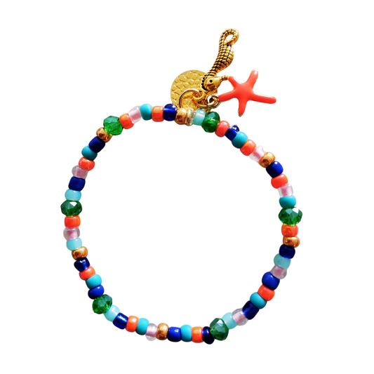 Armband elastiek met rocialles in diverse donkere tinten met zee thema bedels