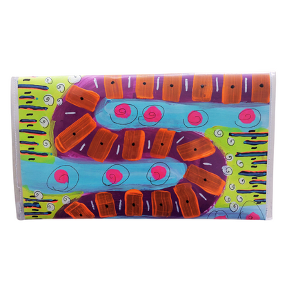 Artbag clutch achterzijde in kronkel patroon multicolor