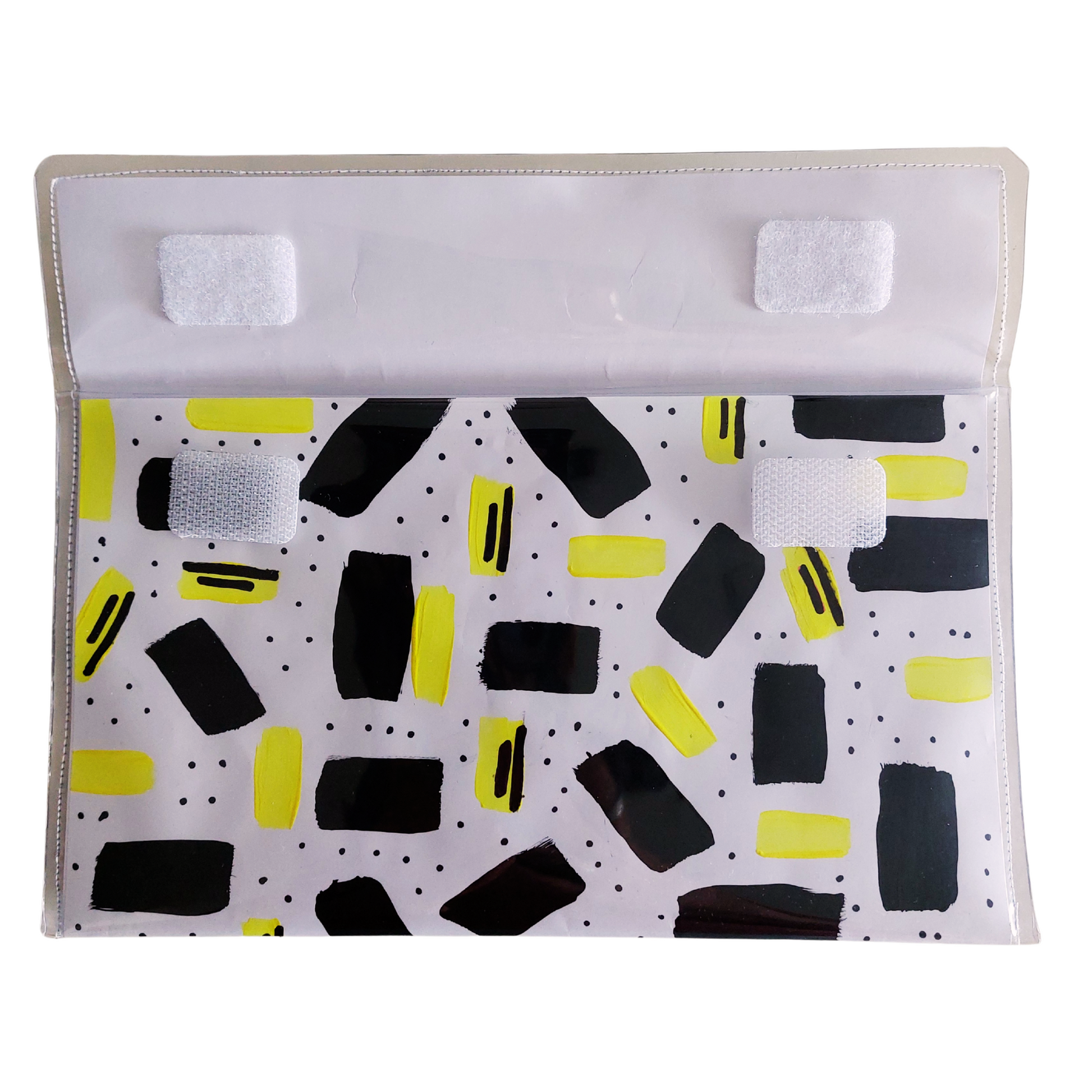 Artbag clutch binnenzijde zwart gele strepen op wit