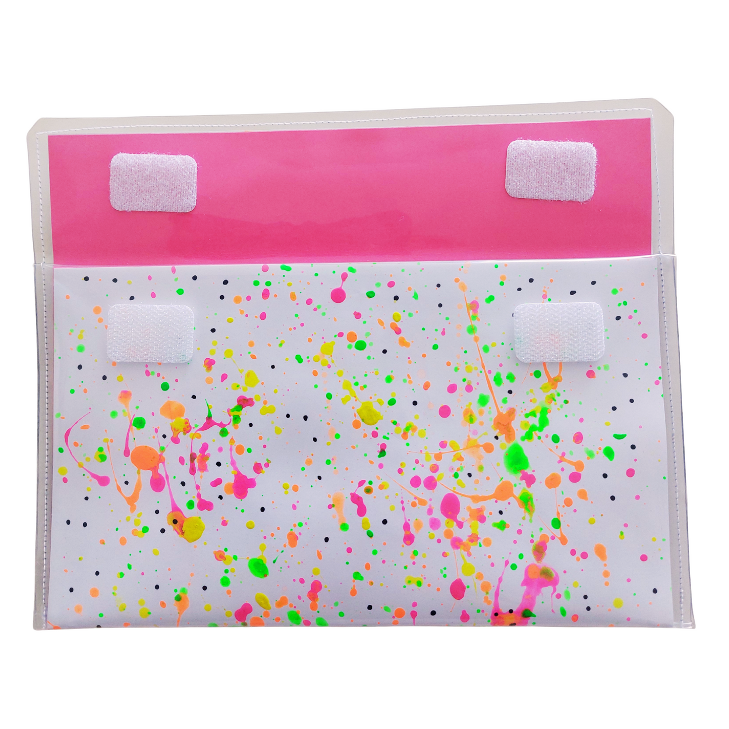 Tasje binnenkant van papier met acryl in wit met neonkleurige spetters in geel, oranje, groen en roze