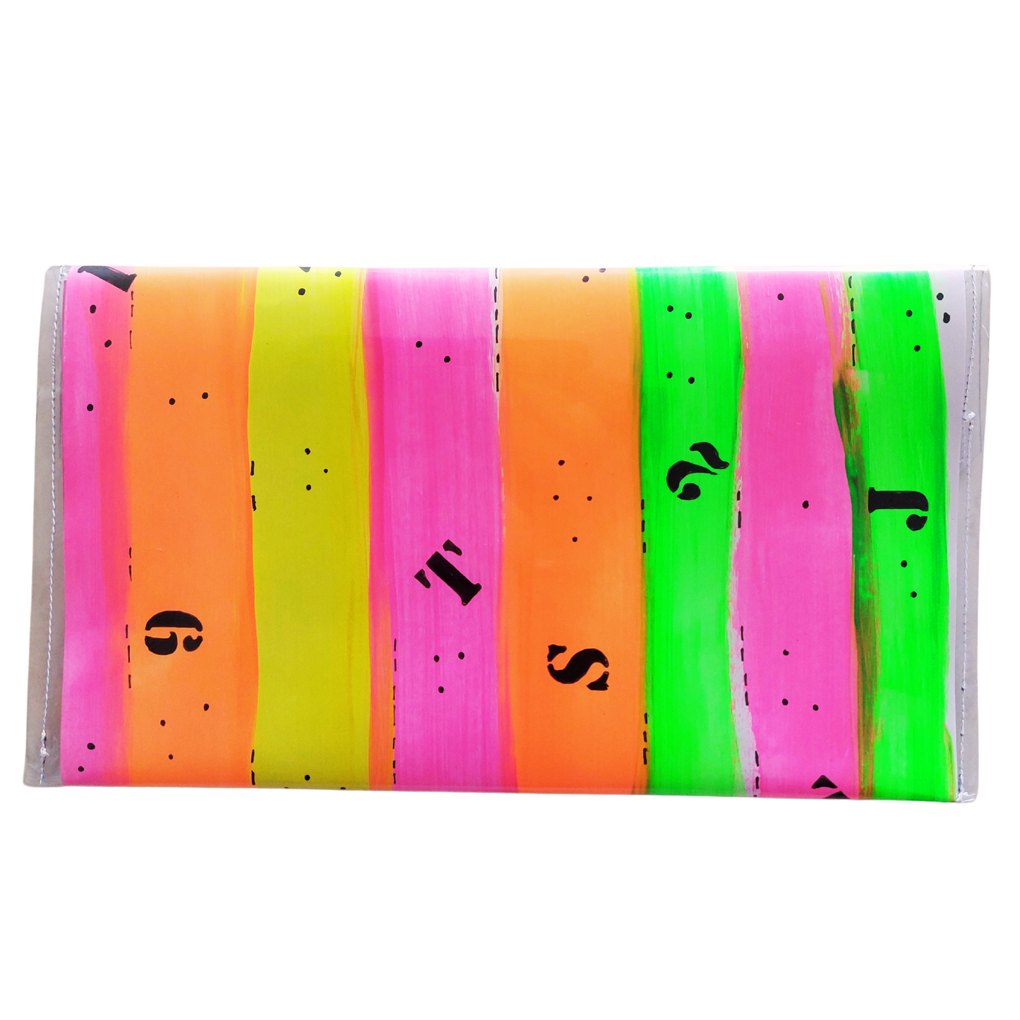 Tasje achetrzijde van papier met vinyl met neon strepen in roze, groen, oranje en geel. Met extra accent zwarte cijfers en letters en zilveren grote confetti