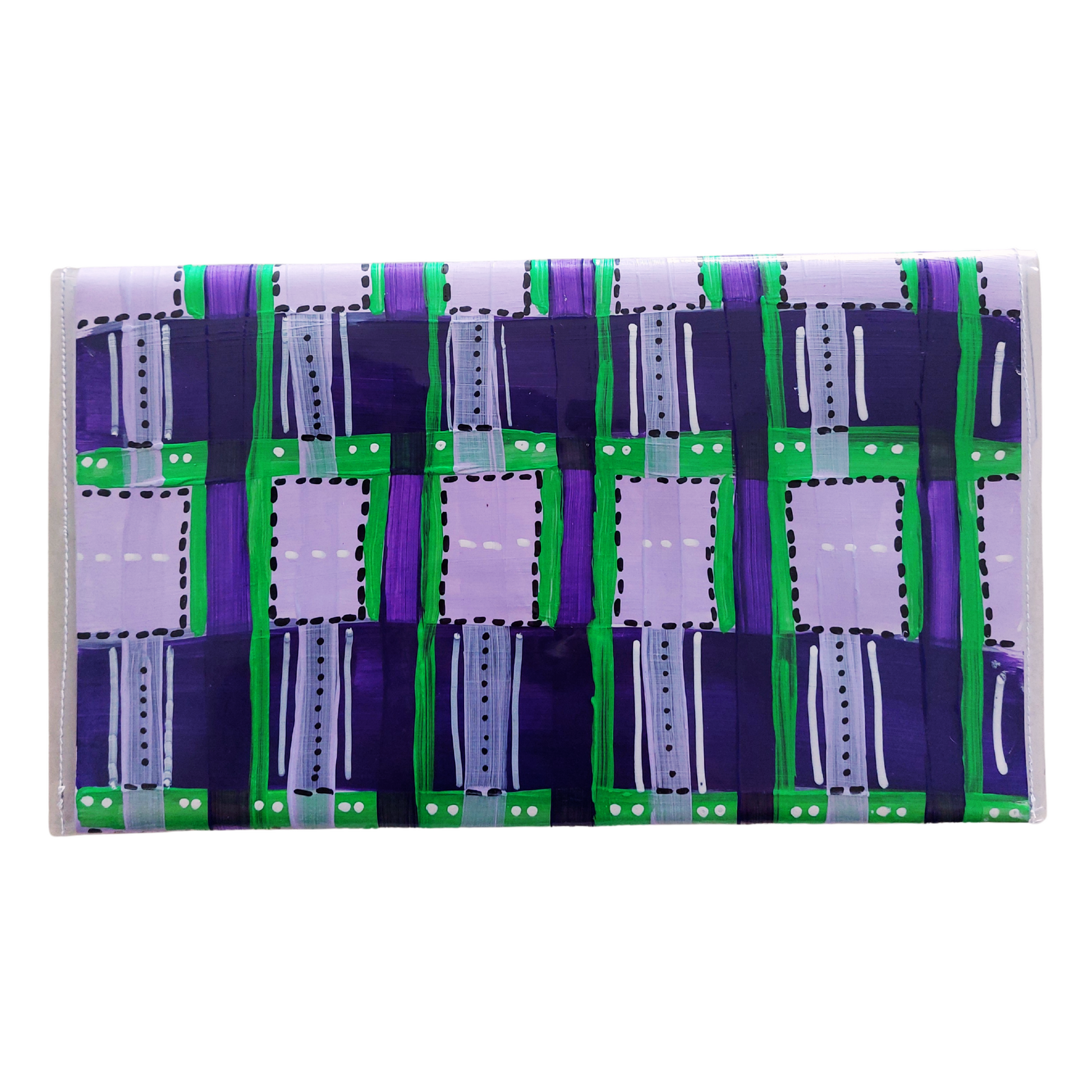 Tasje achterzijde in papier met vinyl in paars, lila, groen in ruitjespatroon