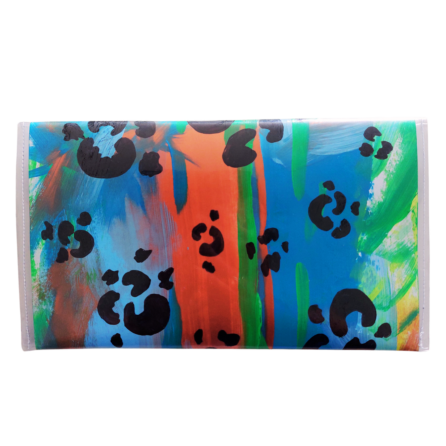 Tasje achterzijde van papier met vinyl in groen, blauw en koperkleuren en zwarte panterprint