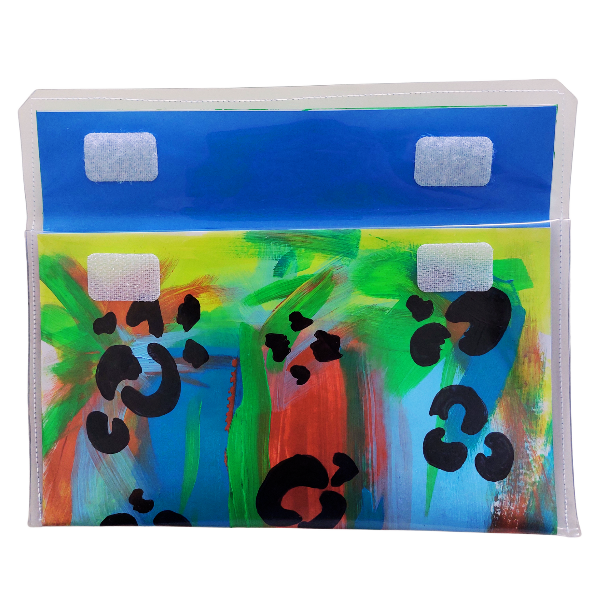 Tasje binnenkant van papier met vinyl in groen, blauw en koperkleuren en zwarte panterprint