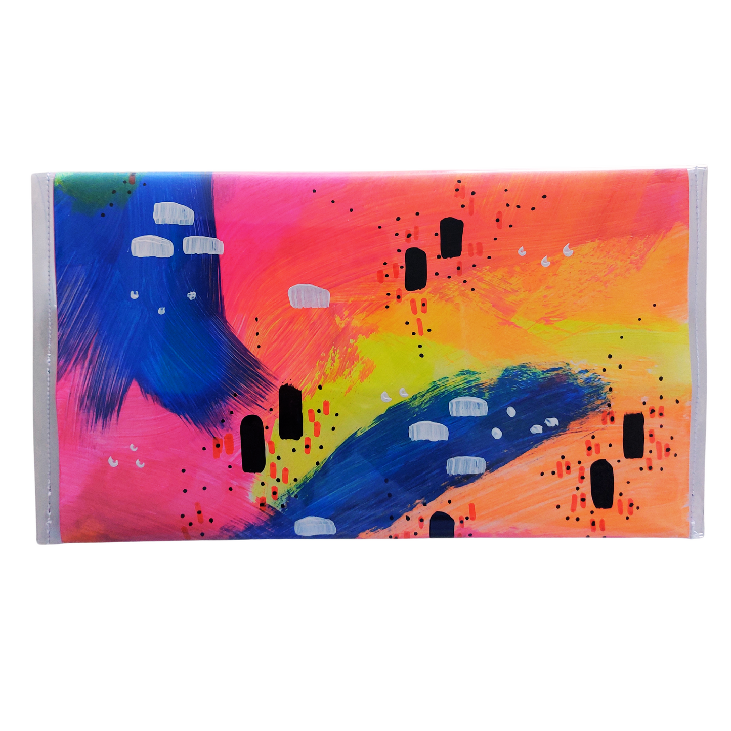 Handtas clutch achterzijde van papier en vinyl met regenboogkleuren in abstract patroon