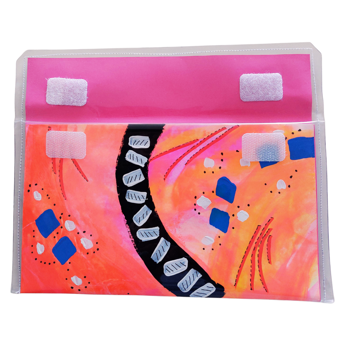 Handtas clutch binnenkant in roze, oranje en geel met abstract zebrapad patroon in zwart wit