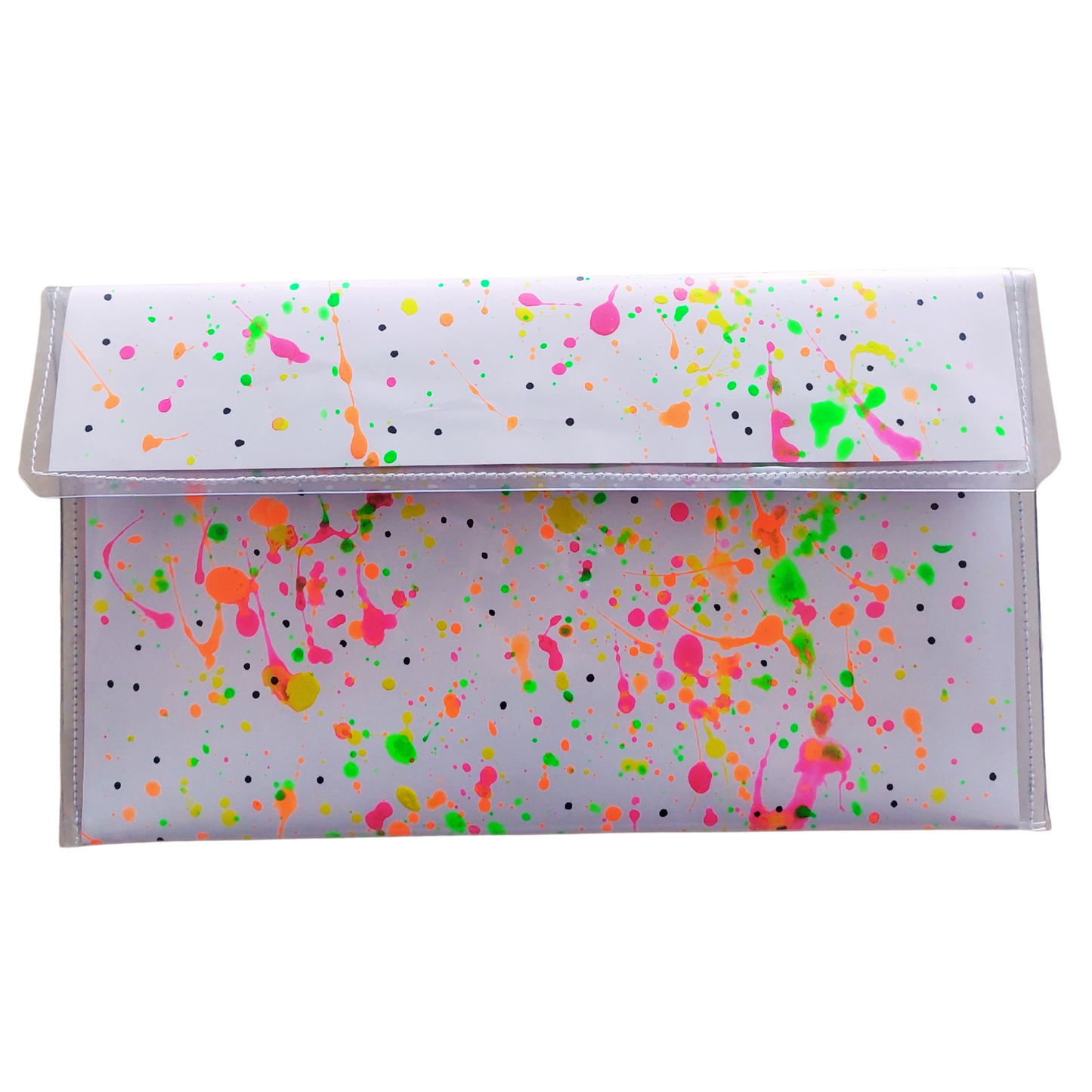 Tasje voorzijde van papier met acryl in wit met neonkleurige spetters in geel, oranje, groen en roze