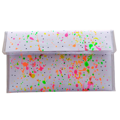 Tasje voorzijde van papier met acryl in wit met neonkleurige spetters in geel, oranje, groen en roze