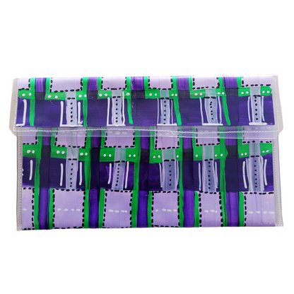 Tasje voorzijde in papier met vinyl in paars, lila, groen in ruitjespatroon