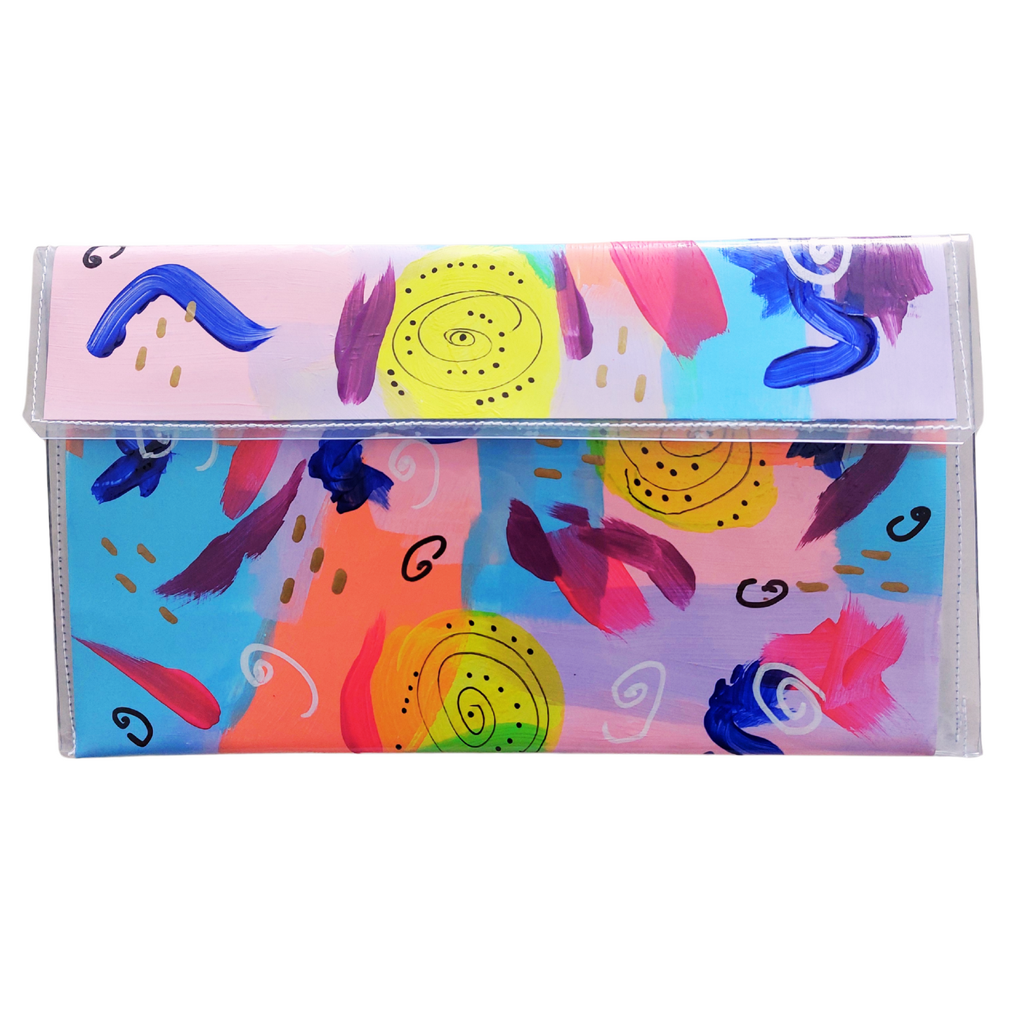 Tasje clutch voorzijde met abstracte kunst in pastels zoals roze, lichtblauw en zalm met accenten in donkerblauw en aubergine