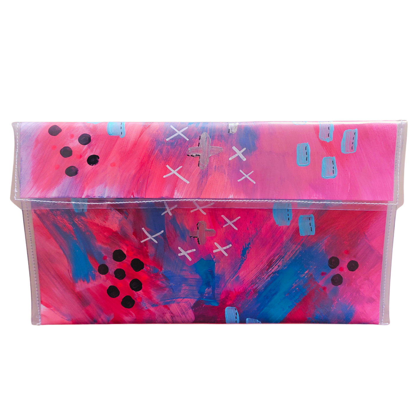 Handtas clutch voorzijde handgeschilderd in roze en blauwe blend in abstract patroon 