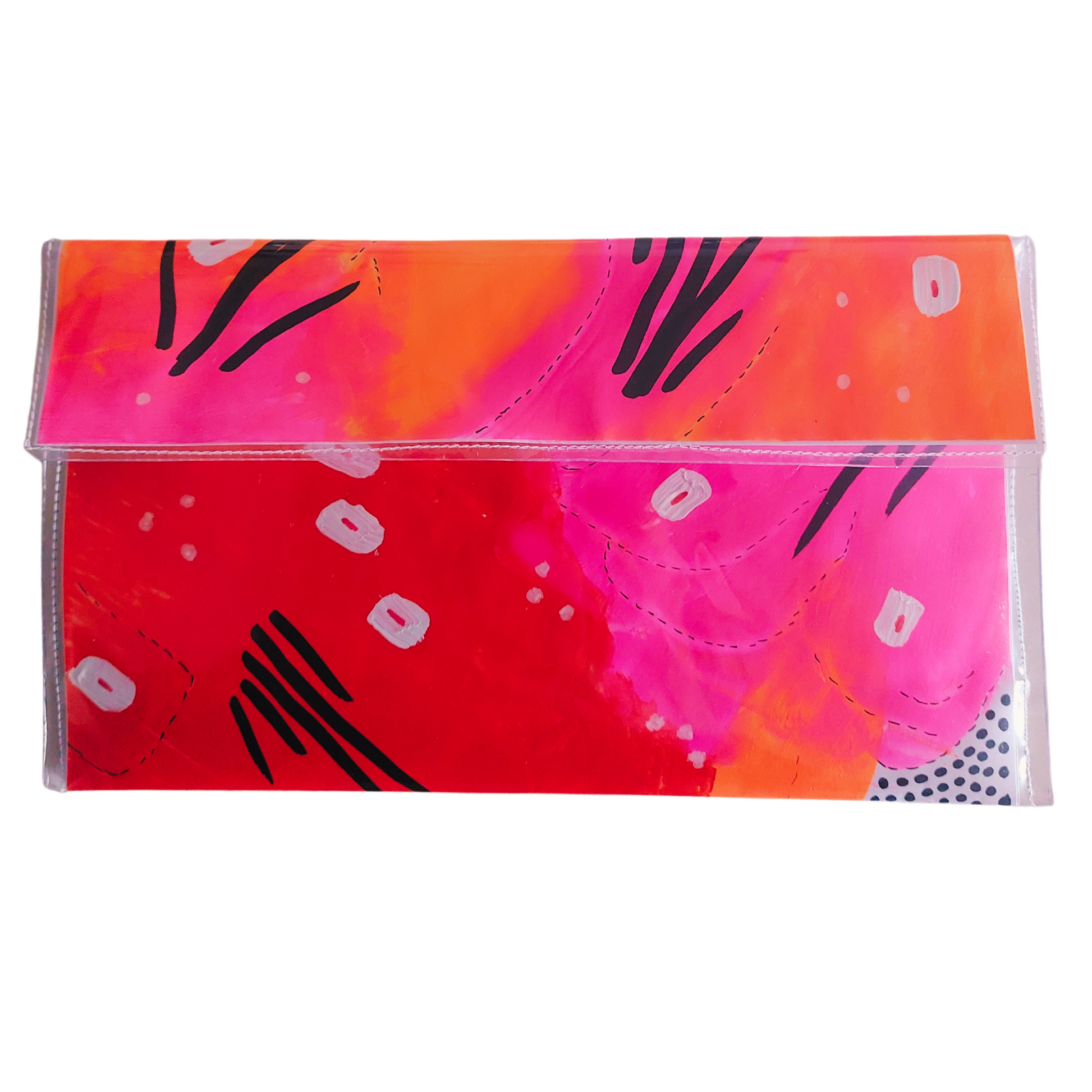 Handtas clutch voorzijde in rode, roze en oranje kleuren met zwart witte accenten