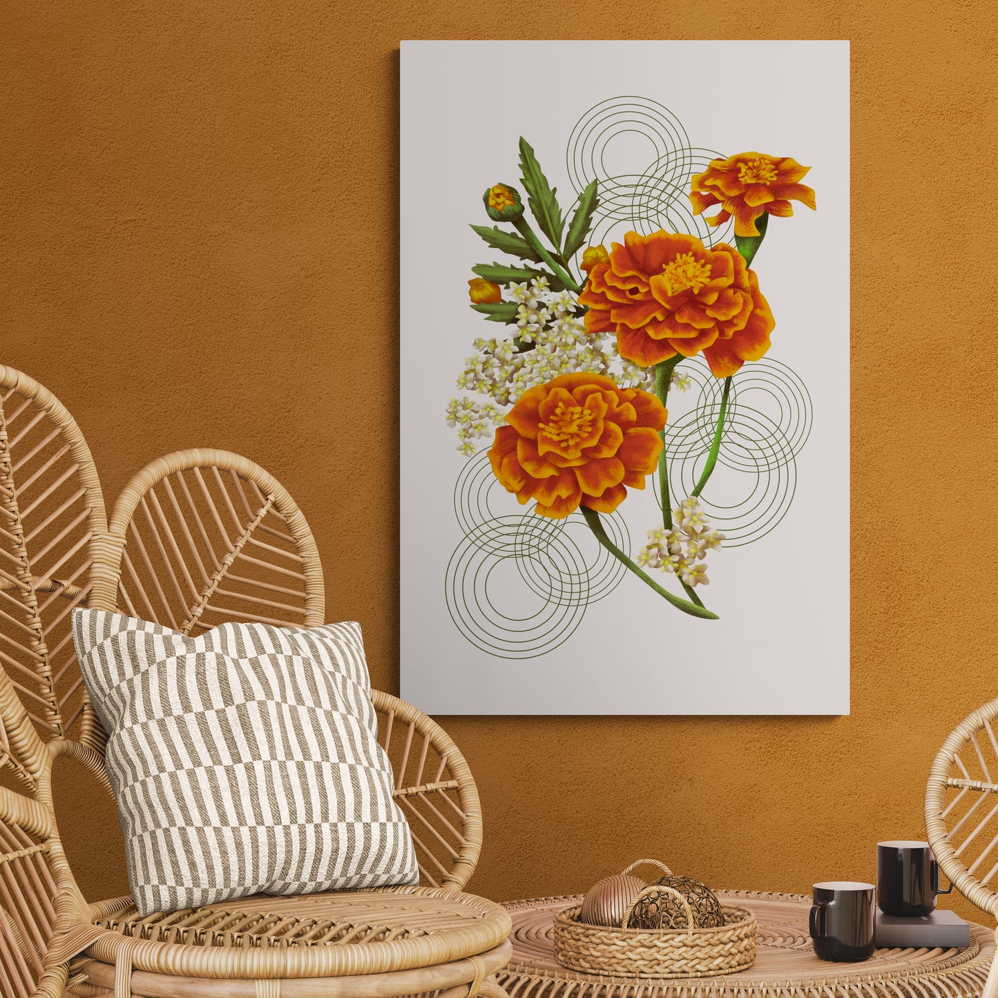 Oranje Tagetes botanische print