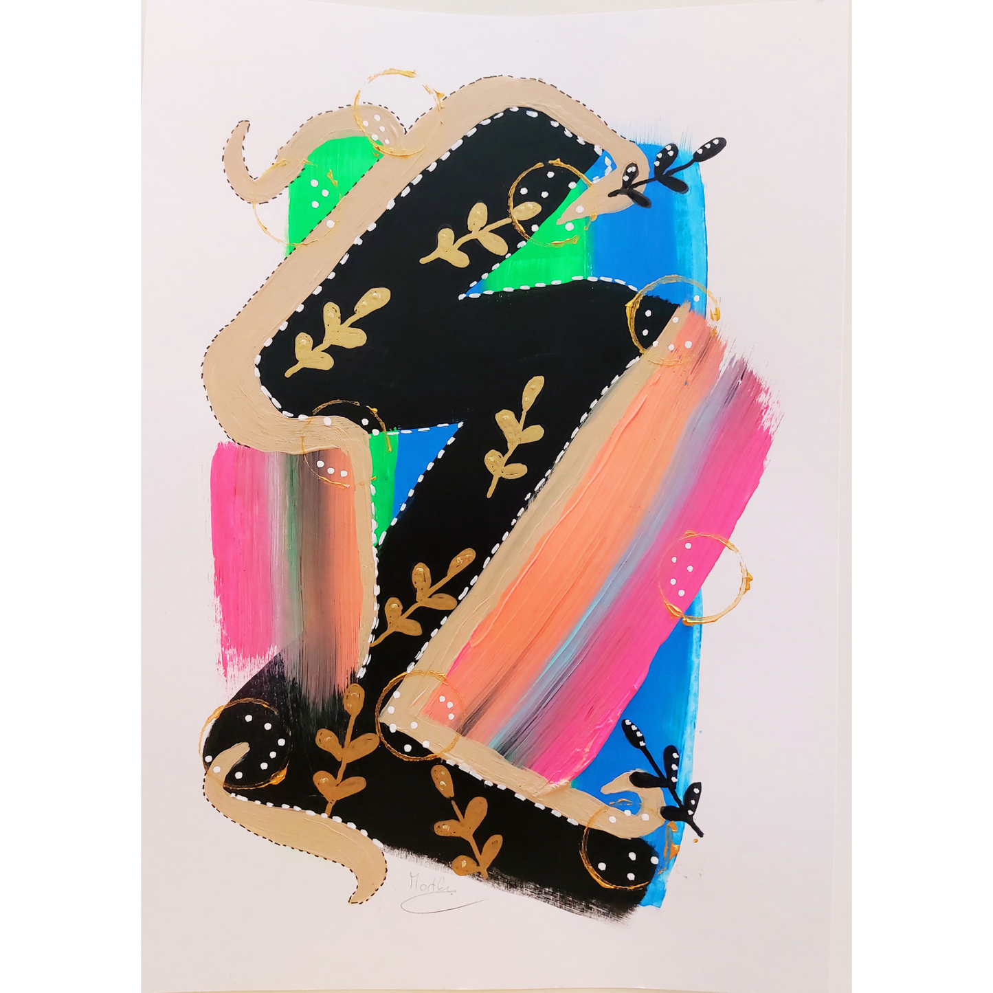 Handgeschilderde muurkunst A4 formaat met abstracte en beeldende elementen in warme, koele kleuren en zwart, wit en goud.