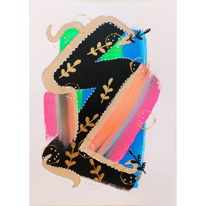 Handgeschilderde muurkunst A4 formaat met abstracte en beeldende elementen in warme, koele kleuren en zwart, wit en goud.