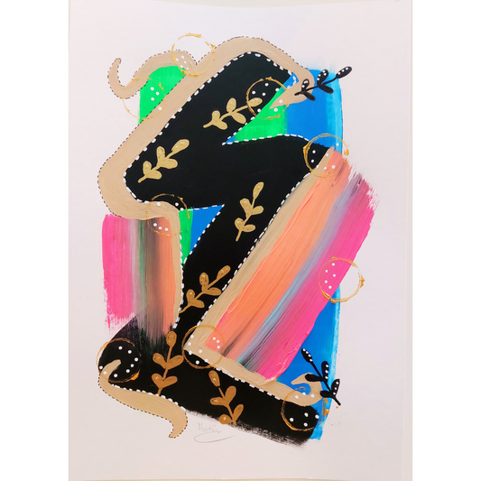 Handgeschilderde muurkunst A4 formaat met abstracte en beeldende elementen in warme, koele kleuren en zwart, wit en goud.