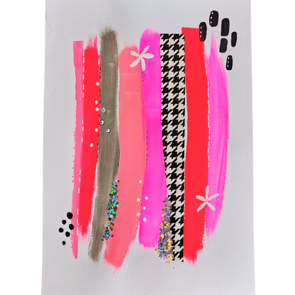 Muurkunst rood roze en pied de poule. Abstracte gekleurde banen in A3 formaat in rood, roze en zwart wit.