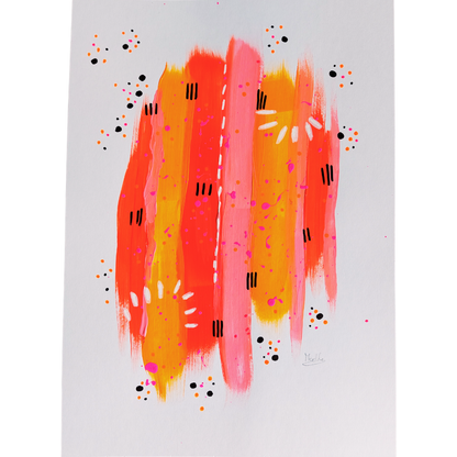 Muurkunst abstracte color blocking in warme kleurfamilies op stevig papier. Roze rood en oranje handgeschilderd in banen met zwarte, witte en fel roze accenten.